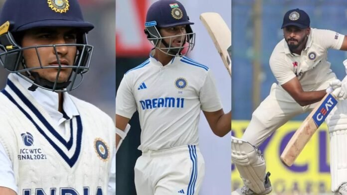 Duleep Trophy match between India B and India A, separated by commas: Duleep Trophy, India B, India A, Musheer Khan, century, Navdeep Saini, Rishabh Pant, Shubman Gill, Yashasvi Jaiswal, Khaleel Ahmed, Akash Deep, Avesh Khan, red-ball cricket, Chinnaswamy Stadium, Bengaluru, overcast conditions, cricket, four-day match, 202 for seven, cricket highlights, day one, batting collapse.